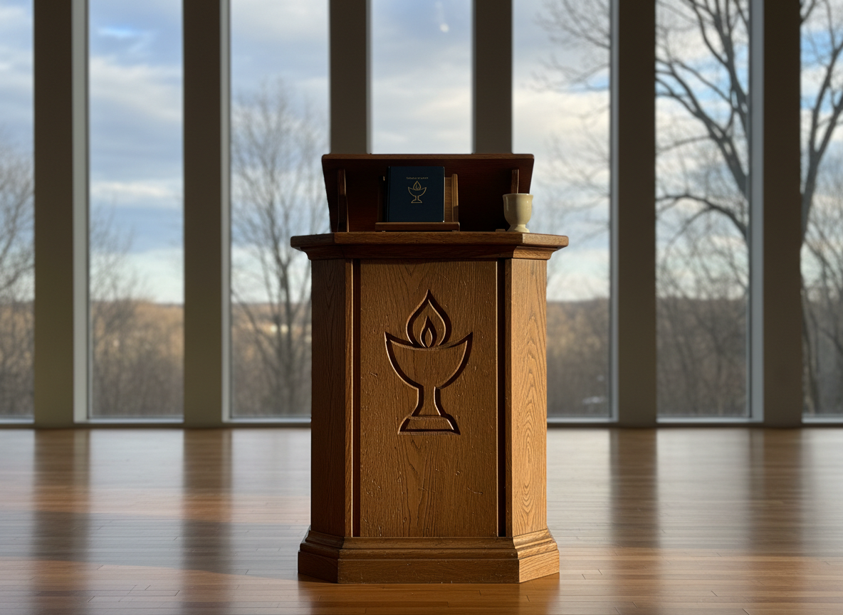 A well-worn wooden pulpit carved with a simple chalice symbol, standing alone in the center of a quiet sanctuary. Behind it, tall clear windows reveal soft silhouettes of trees and sky, slightly out of focus. Late-afternoon natural light filters in, casting gentle, elongated shadows across polished hardwood floors and highlighting the grain of the pulpit. A closed hymnal and a ceramic chalice sit neatly on a small shelf built into the stand. Photographic realism with an eye-level composition and shallow depth of field creates a calm, contemplative mood, evoking the beginning of a thoughtful Unitarian Universalist sermon without showing any human presence.